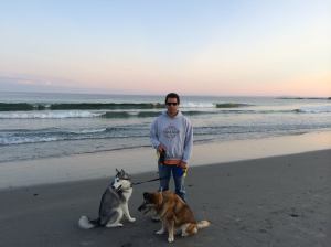 Ben, Peyton, and Anubis on the beach
