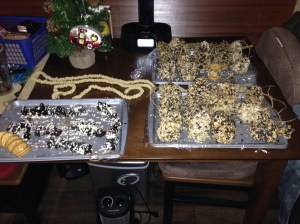 Strung crackers and strung plums dipped in oatmeal are on left