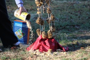 Sprinkling "snow" made of leftovers and oatmeal