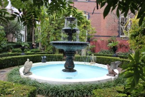 Beautiful vine arch frames the fountain