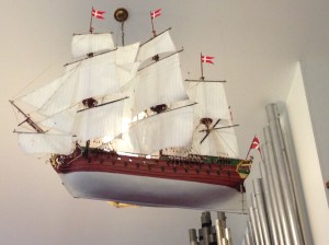 This handmade Danish ship was made by a deceased parishioner and hangs proudly from the rafters