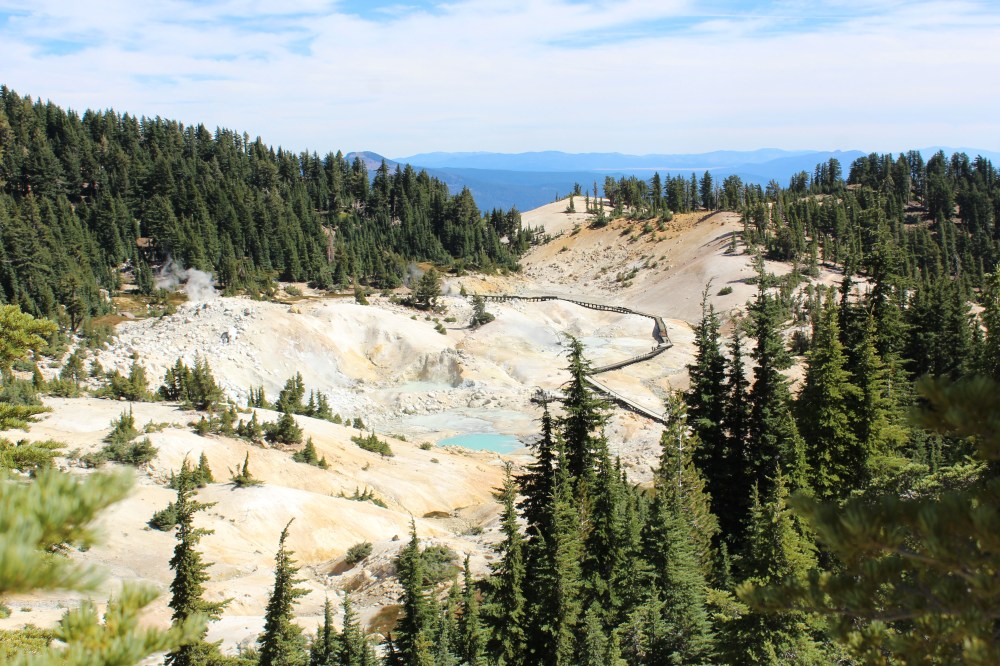 Bumpass Hell named for the explorer who discovered it, was going to turn it into a tourist attraction, and then lost his leg when it fell through the crust into the steaming hot mud