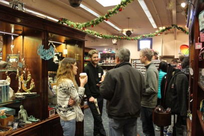 Waiting in the gift shop for our tour. From left: our daughter Kay, Nick, Max, and Lee. 