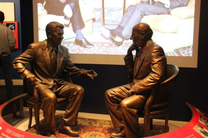 Nice statues of the famous meetings between Reagan and Gorbachev with video playing behind