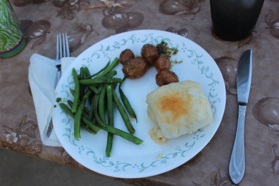 Crab-stuffed sole, green beans, and little potatoes