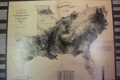 A map showing the concentration of slaves in the Confedercy. The darker colors had more slaves and many counties had none at all